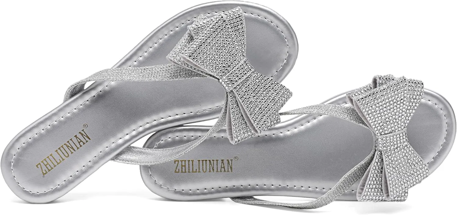 Womens Flat Bow Sparkly Flip Flop Sandals,Ladies Rhinestones Comfortable Thong Slide Dressy Casual Cute Trendy Vacation Beach Slip on Glitter Slippers Shoe