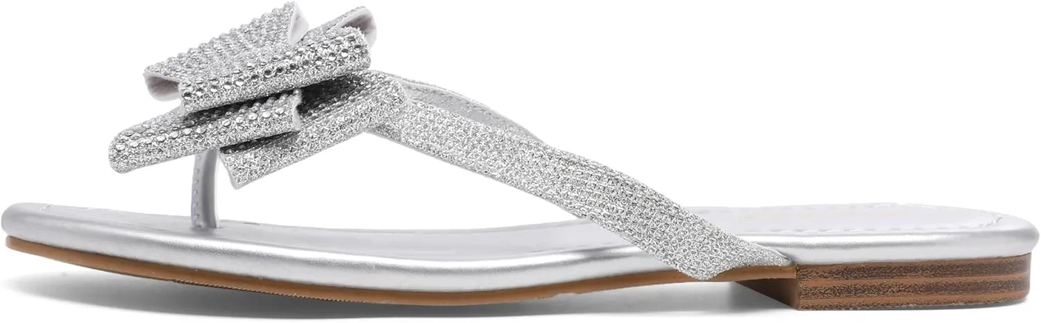 Womens Flat Bow Sparkly Flip Flop Sandals,Ladies Rhinestones Comfortable Thong Slide Dressy Casual Cute Trendy Vacation Beach Slip on Glitter Slippers Shoe