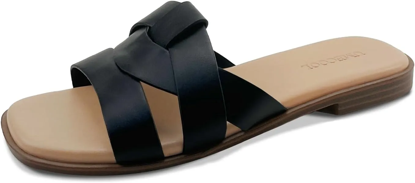 Women's Flat Sandals Comfortable Slip On Leather Slide Sandals, Flat Women's Sandals Slide Sandals Fashion Flat Sandals for Women Summer