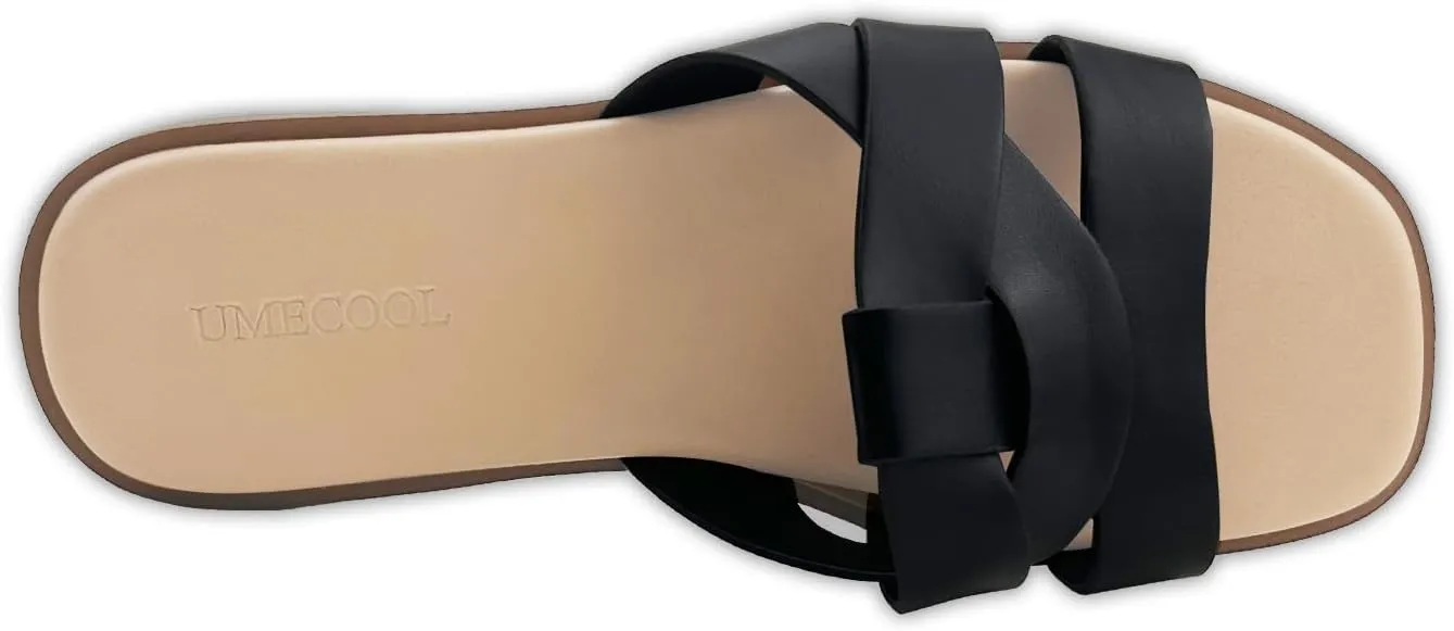 Women's Flat Sandals Comfortable Slip On Leather Slide Sandals, Flat Women's Sandals Slide Sandals Fashion Flat Sandals for Women Summer