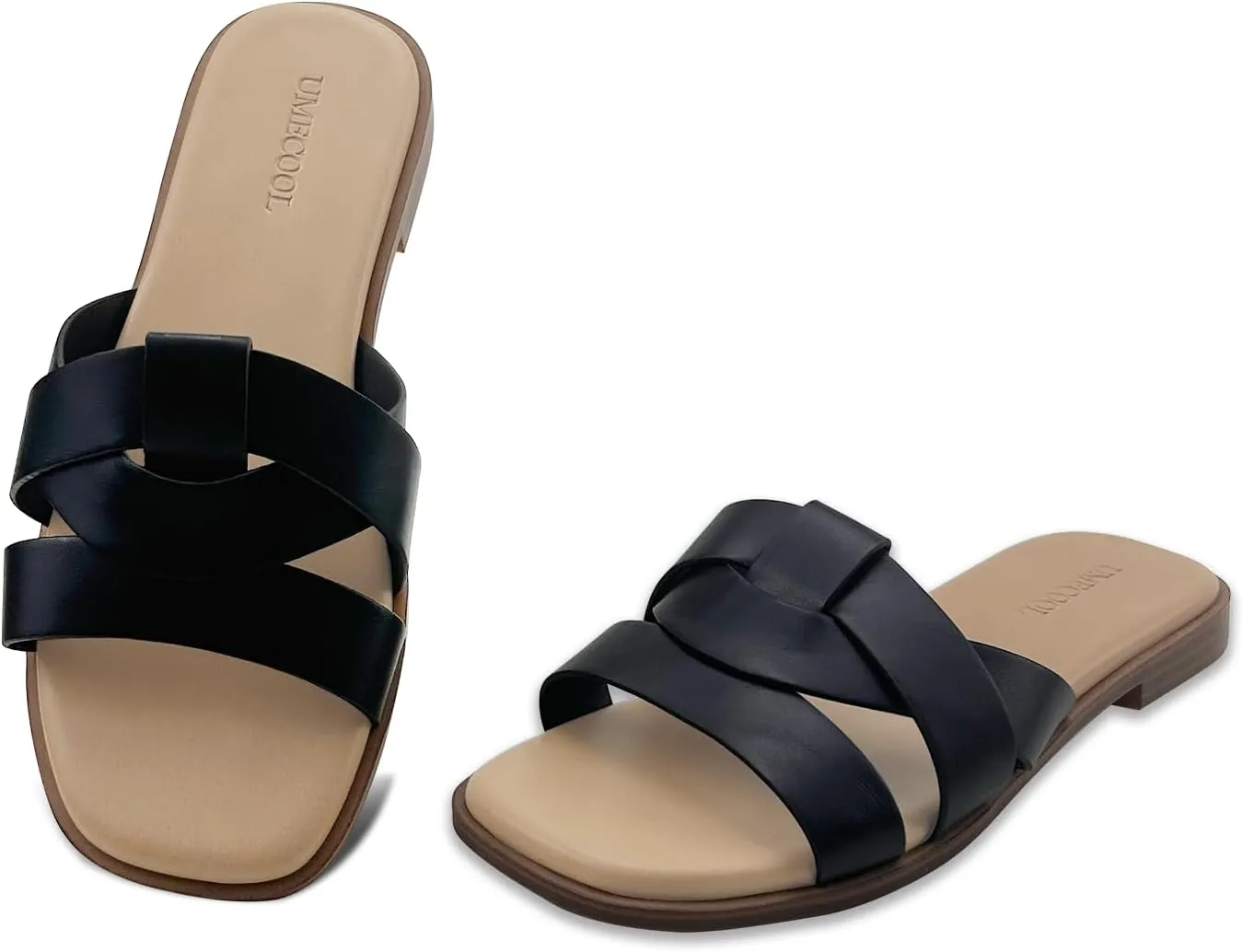 Women's Flat Sandals Comfortable Slip On Leather Slide Sandals, Flat Women's Sandals Slide Sandals Fashion Flat Sandals for Women Summer
