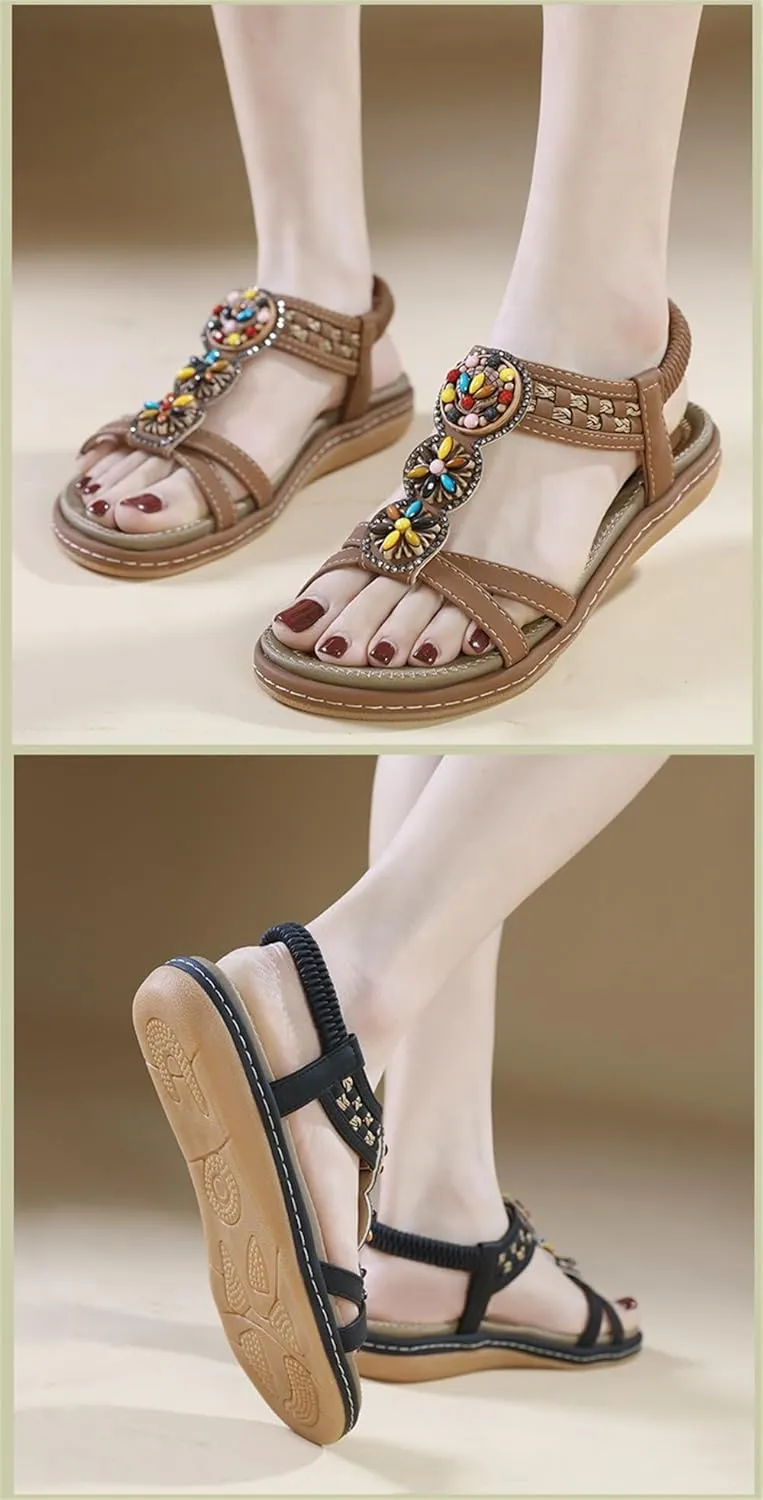 Women's Flat Sandals Summer Beach Sandal T-Strap Rhinestone Beaded Bohemia Shoes