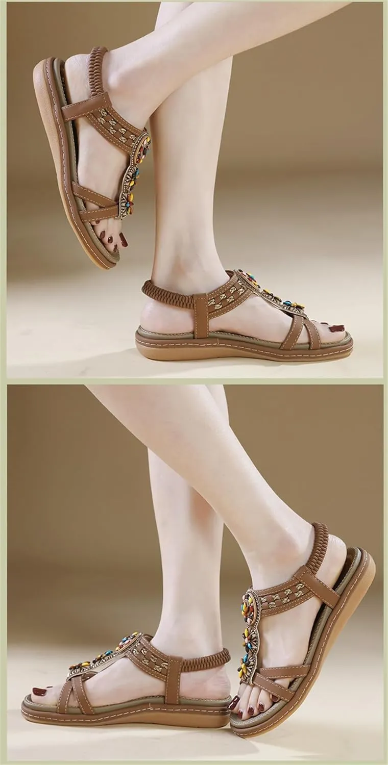 Women's Flat Sandals Summer Beach Sandal T-Strap Rhinestone Beaded Bohemia Shoes