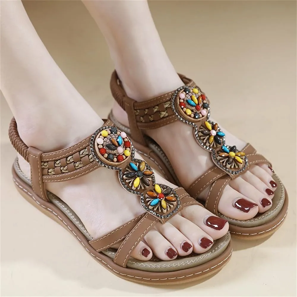 Women's Flat Sandals Summer Beach Sandal T-Strap Rhinestone Beaded Bohemia Shoes