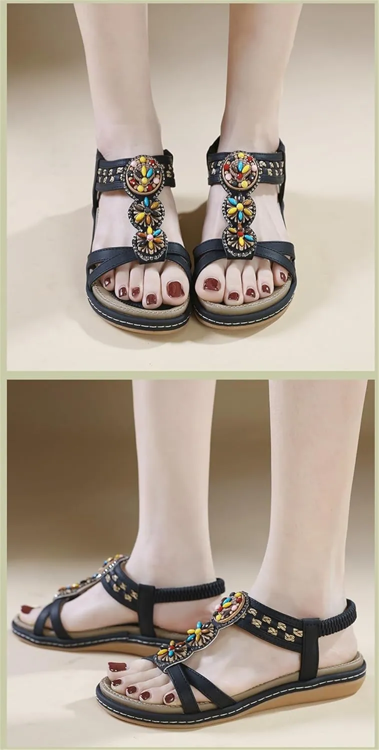 Women's Flat Sandals Summer Beach Sandal T-Strap Rhinestone Beaded Bohemia Shoes