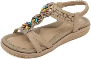 Women's Flat Sandals Summer Beach Sandal T-Strap Rhinestone Beaded Bohemia Shoes