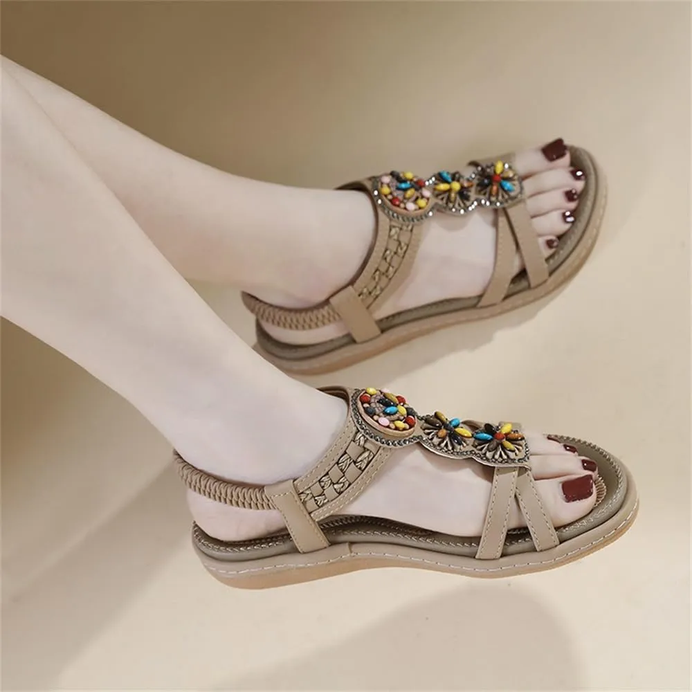 Women's Flat Sandals Summer Beach Sandal T-Strap Rhinestone Beaded Bohemia Shoes