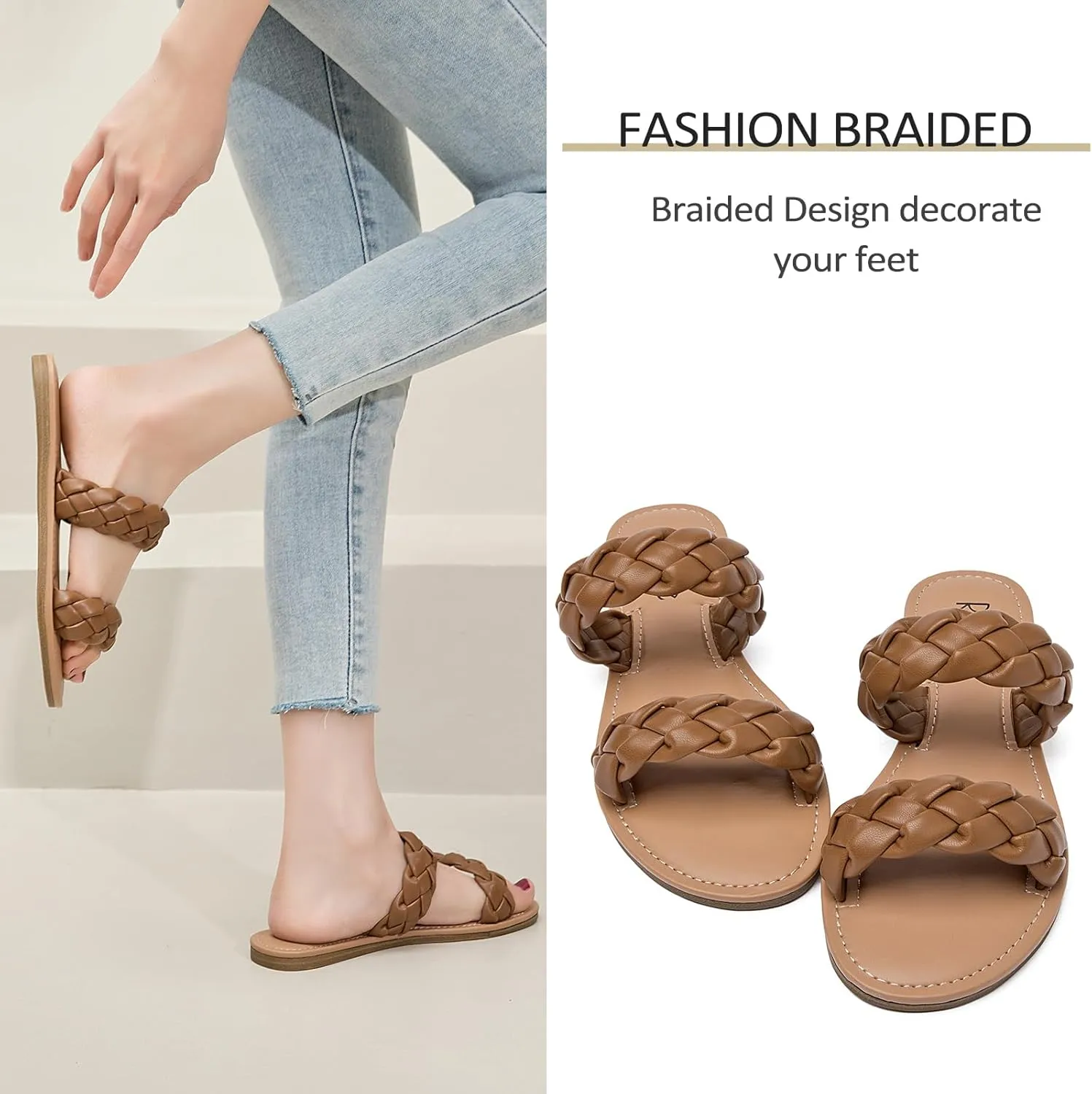 Women's Flat Slides Sandals, Summer Slippers Comfortable Braided Strap Round Open Toe Casual Beach Shoes for Women.