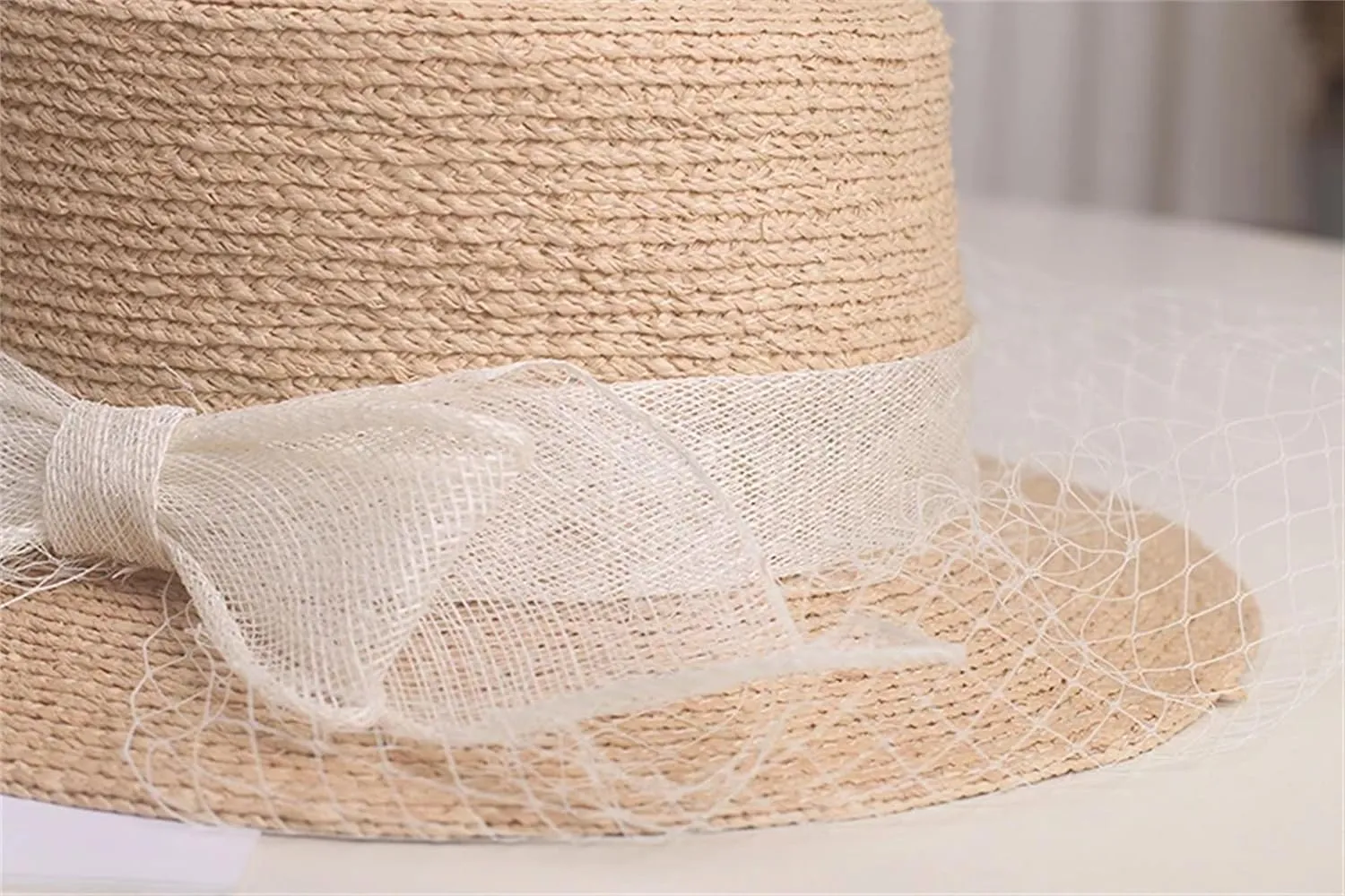 Women’S French Raffia Flat Top Straw Hat Summer Elegant Mesh Bow Visor Sun Protection Holiday Beach Vacation Caps