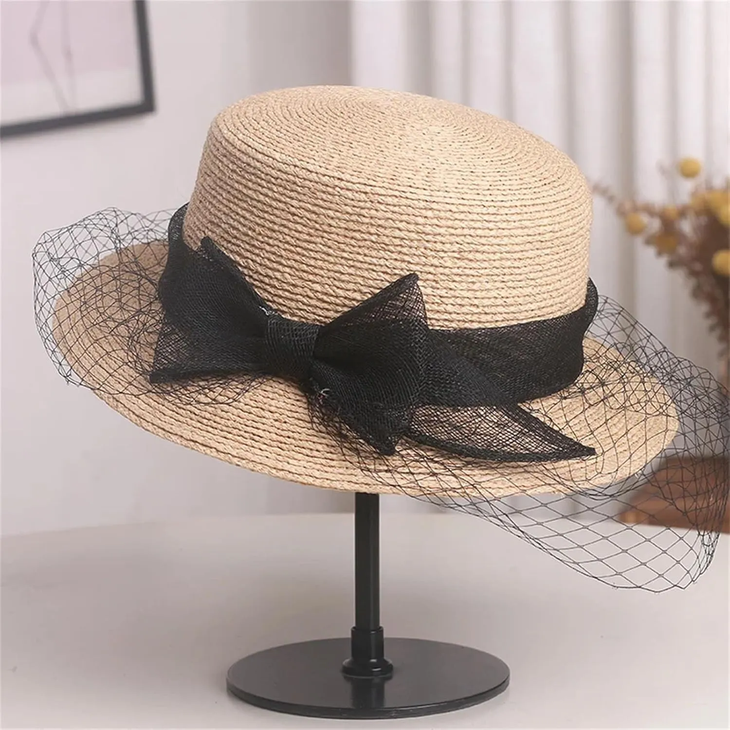 Women’S French Raffia Flat Top Straw Hat Summer Elegant Mesh Bow Visor Sun Protection Holiday Beach Vacation Caps