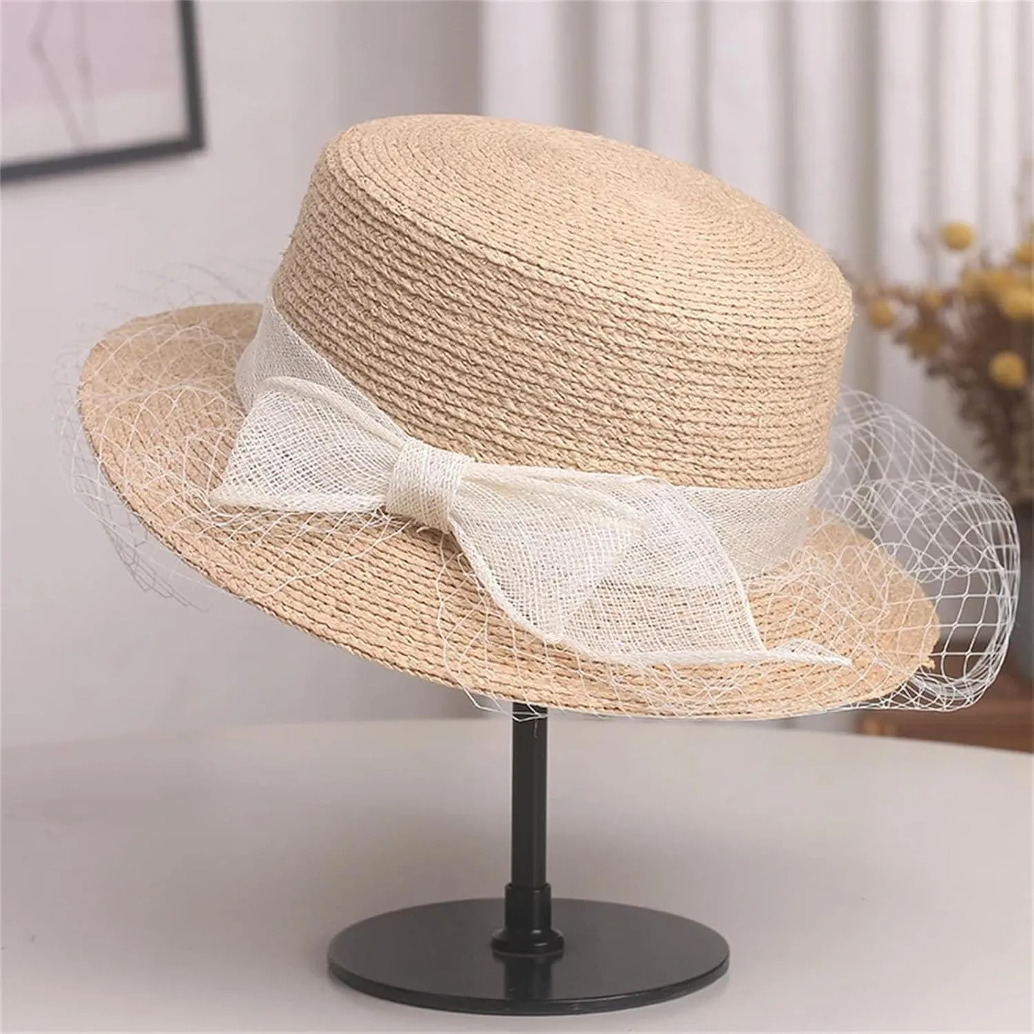 Women’S French Raffia Flat Top Straw Hat Summer Elegant Mesh Bow Visor Sun Protection Holiday Beach Vacation Caps
