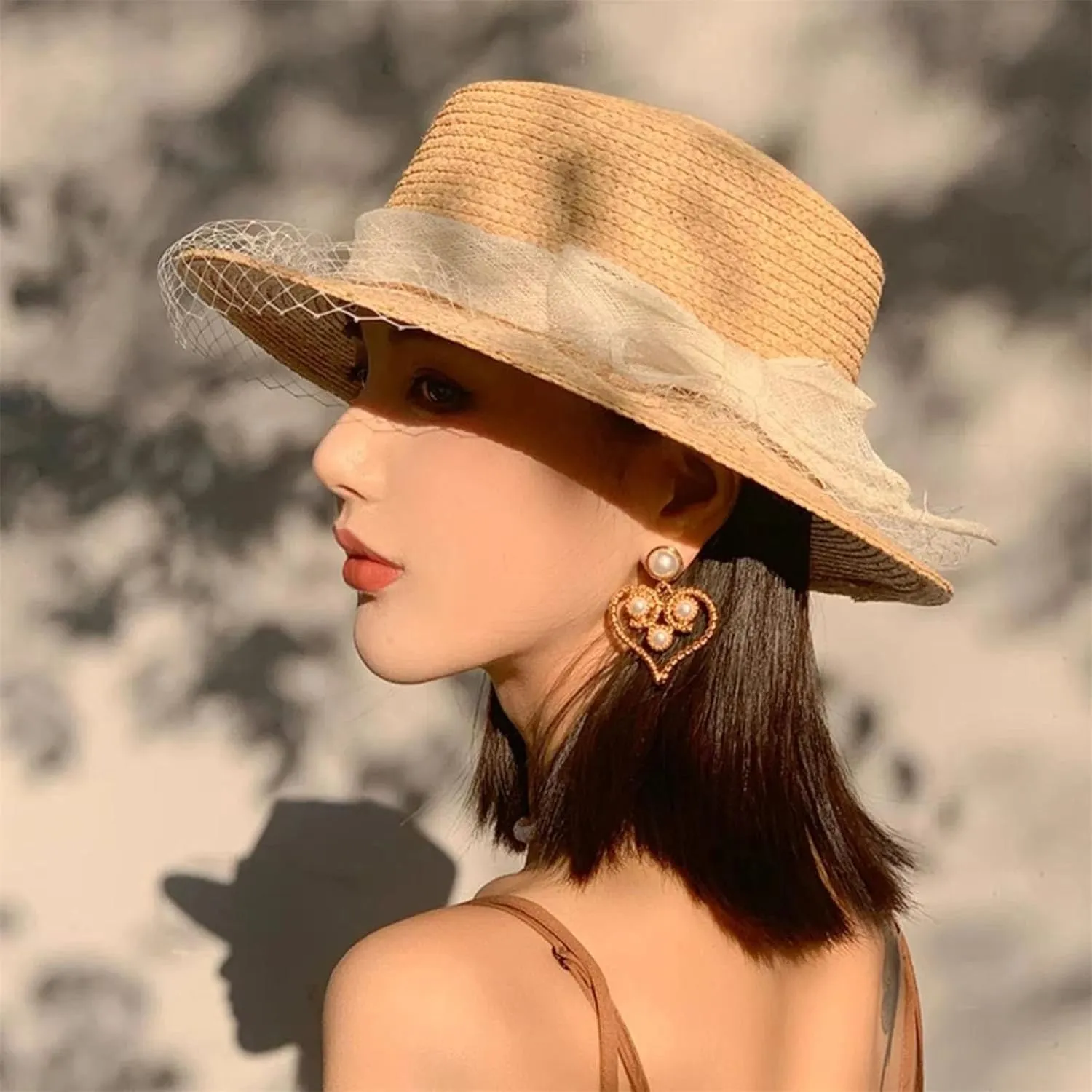 Women’S French Raffia Flat Top Straw Hat Summer Elegant Mesh Bow Visor Sun Protection Holiday Beach Vacation Caps