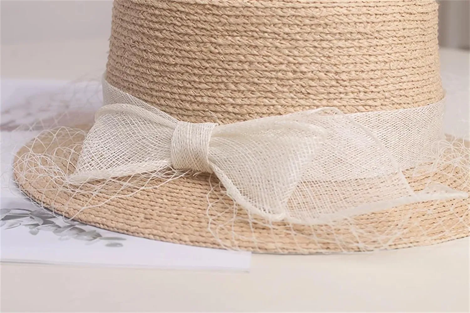 Women’S French Raffia Flat Top Straw Hat Summer Elegant Mesh Bow Visor Sun Protection Holiday Beach Vacation Caps