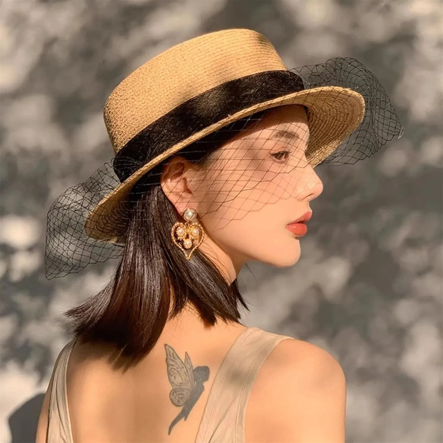 Women’S French Raffia Flat Top Straw Hat Summer Elegant Mesh Bow Visor Sun Protection Holiday Beach Vacation Caps