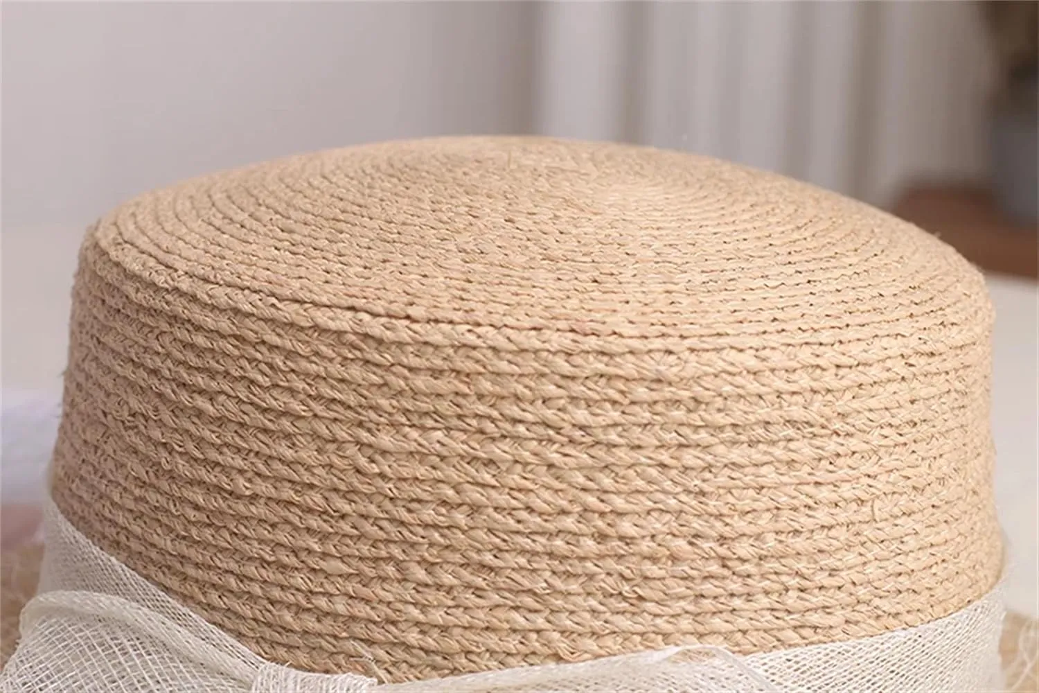 Women’S French Raffia Flat Top Straw Hat Summer Elegant Mesh Bow Visor Sun Protection Holiday Beach Vacation Caps