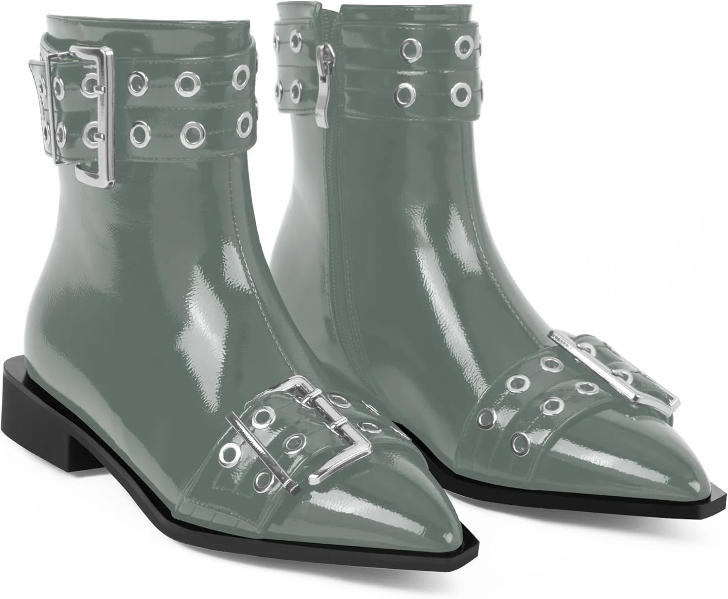 Women's Goth Pointed Toe Ankle Boots Flat Buckle Strap Booties