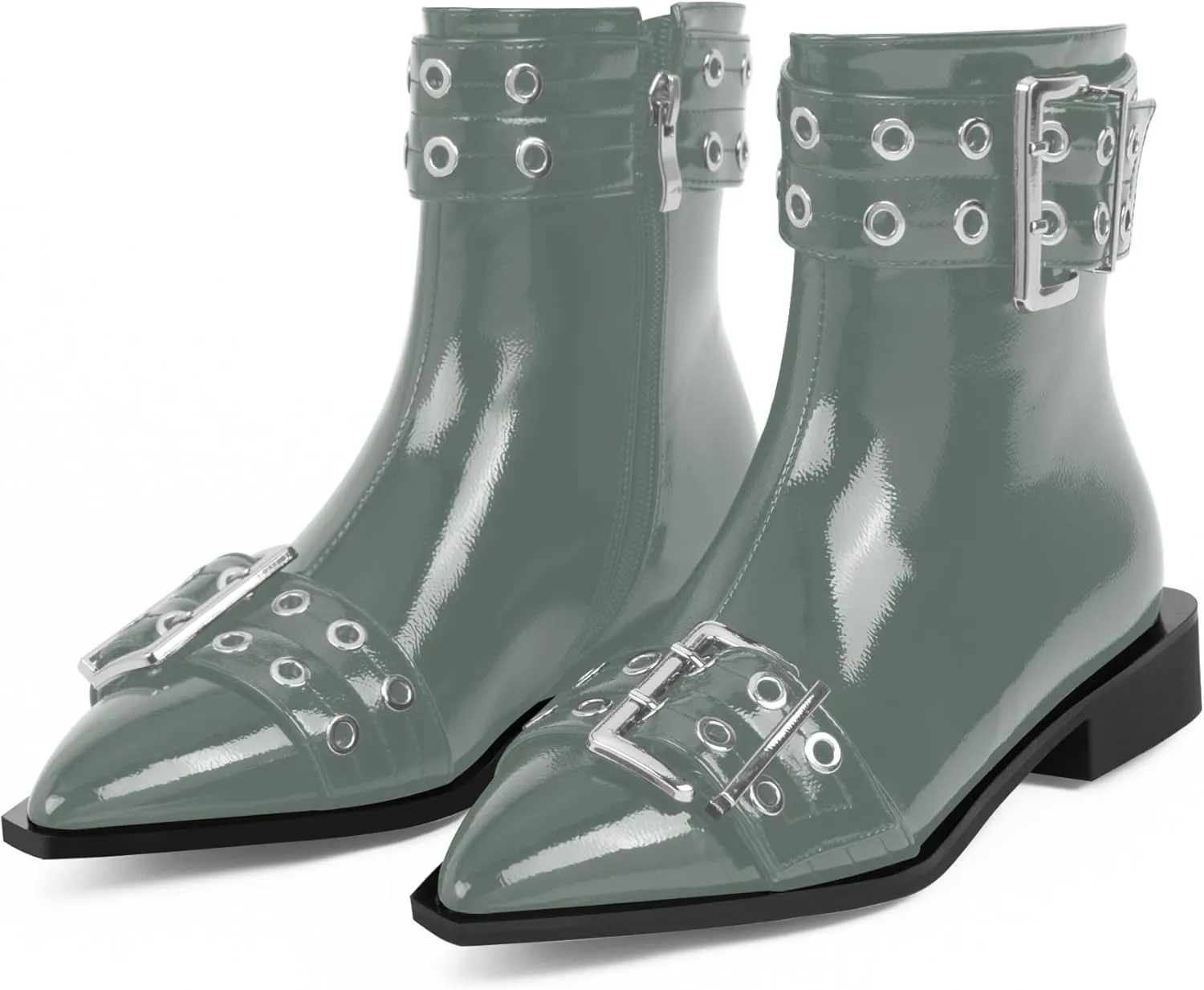 Women's Goth Pointed Toe Ankle Boots Flat Buckle Strap Booties