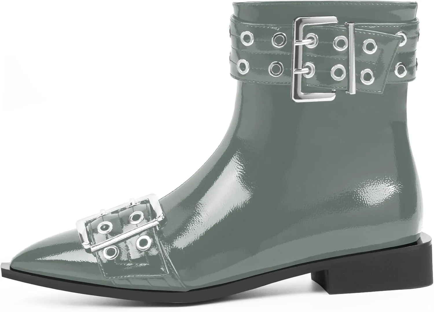 Women's Goth Pointed Toe Ankle Boots Flat Buckle Strap Booties