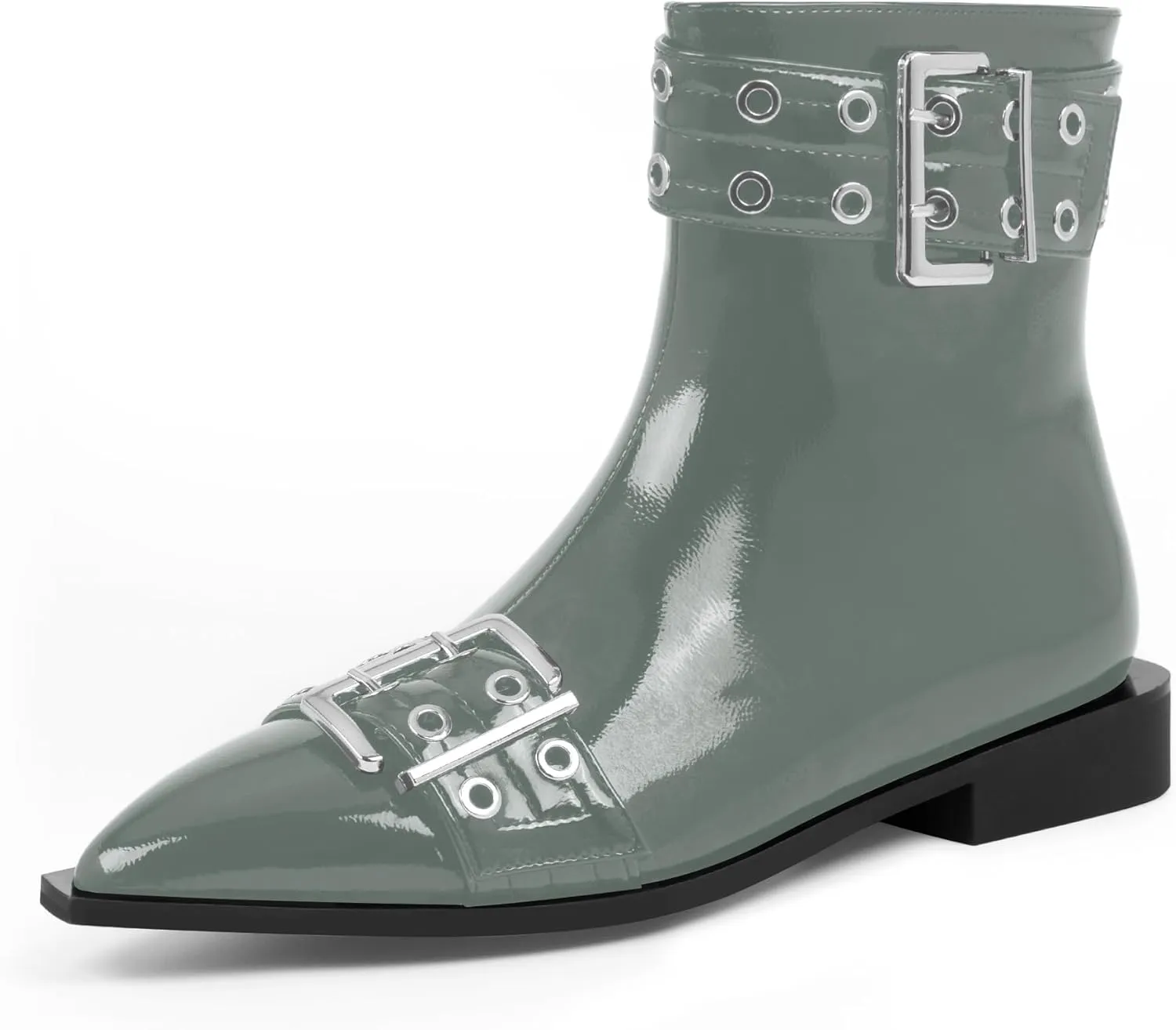 Women's Goth Pointed Toe Ankle Boots Flat Buckle Strap Booties