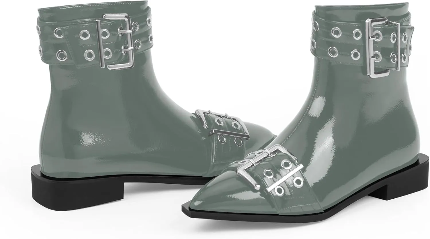 Women's Goth Pointed Toe Ankle Boots Flat Buckle Strap Booties