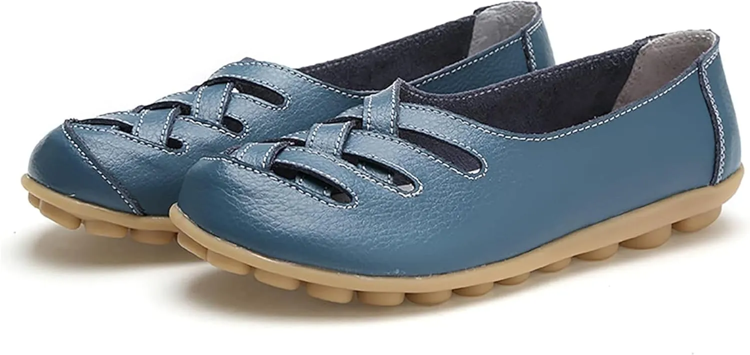 Women's Hollow Out Comfortable Leather Loafers Casual Round Toe Moccasins Wild Driving Flats Soft Walking Boat Shoes Women
