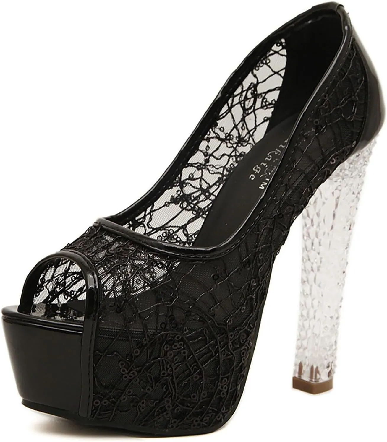 Women's Lace Surface Peep Toe Platform Stiletto Wedding Party Crystal Transparent High Heels 14cm /5.5in