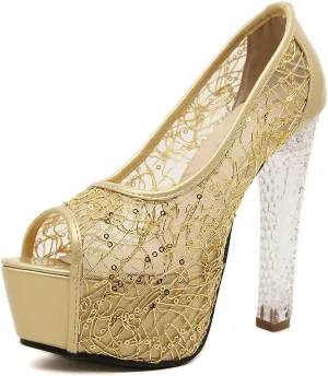 Women's Lace Surface Peep Toe Platform Stiletto Wedding Party Crystal Transparent High Heels 14cm /5.5in