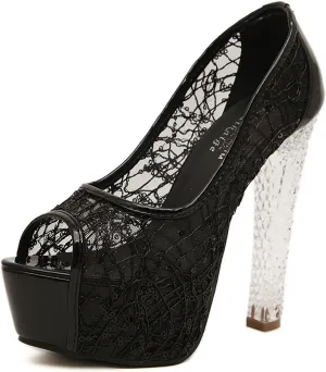 Women's Lace Surface Peep Toe Platform Stiletto Wedding Party Crystal Transparent High Heels 14cm /5.5in