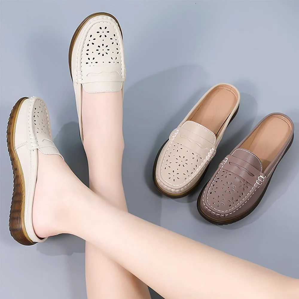 Women's Leather Closed Toe Clogs,Comfort Cutout Arch Support Softsole Slip-On Mules Loafers Slides