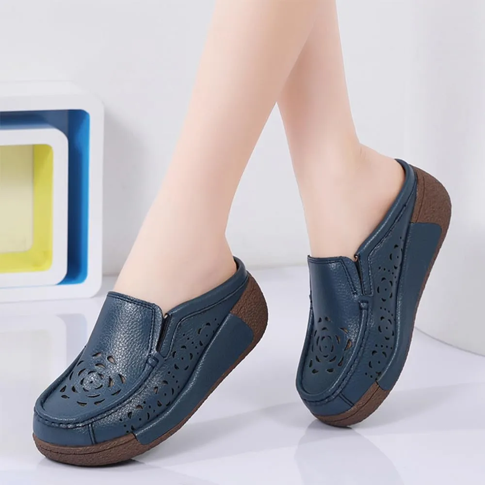 Women's Leather Closed Toe Clogs,Comfort Cutout Arch Support Softsole Slip-On Mules Loafers Slides