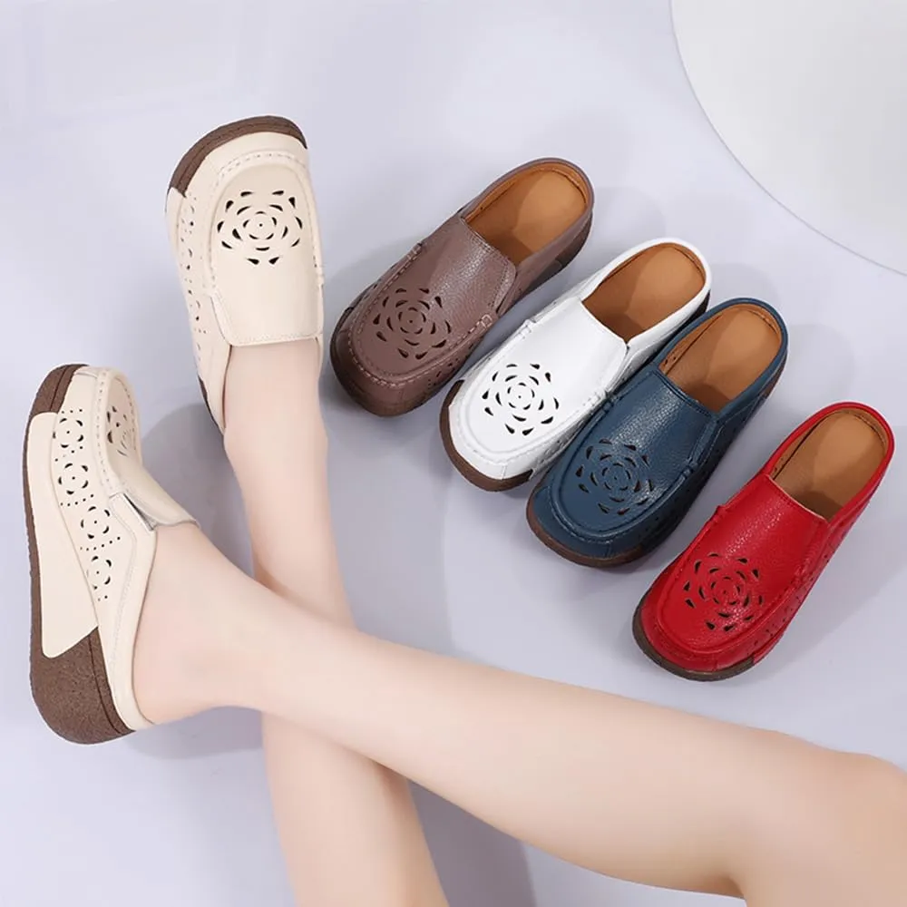 Women's Leather Closed Toe Clogs,Comfort Cutout Arch Support Softsole Slip-On Mules Loafers Slides