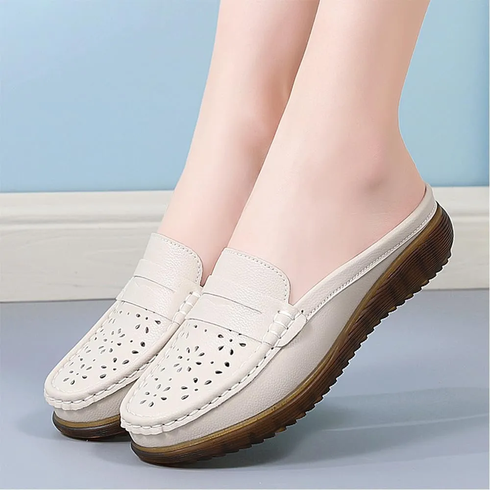 Women's Leather Closed Toe Clogs,Comfort Cutout Arch Support Softsole Slip-On Mules Loafers Slides