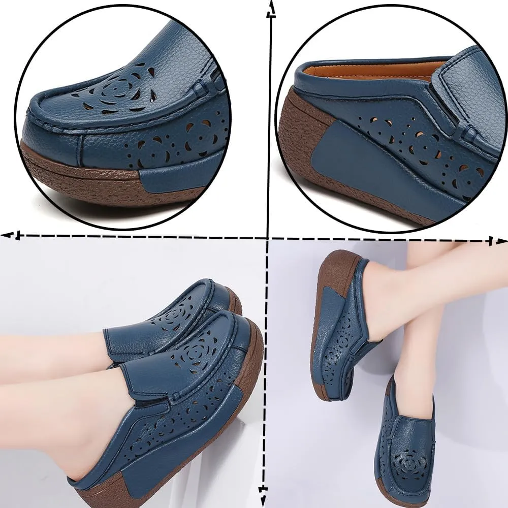 Women's Leather Closed Toe Clogs,Comfort Cutout Arch Support Softsole Slip-On Mules Loafers Slides