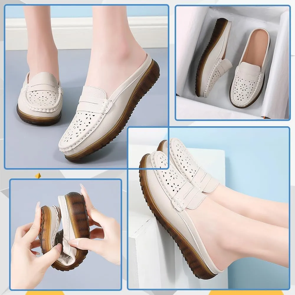 Women's Leather Closed Toe Clogs,Comfort Cutout Arch Support Softsole Slip-On Mules Loafers Slides