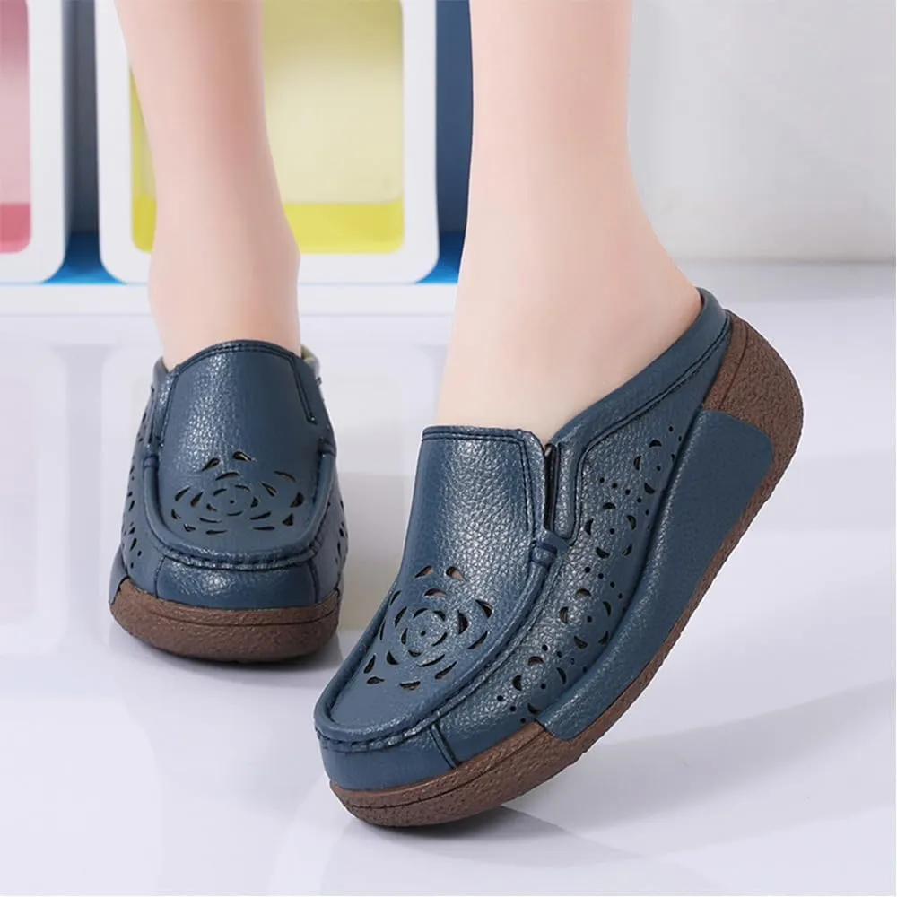 Women's Leather Closed Toe Clogs,Comfort Cutout Arch Support Softsole Slip-On Mules Loafers Slides