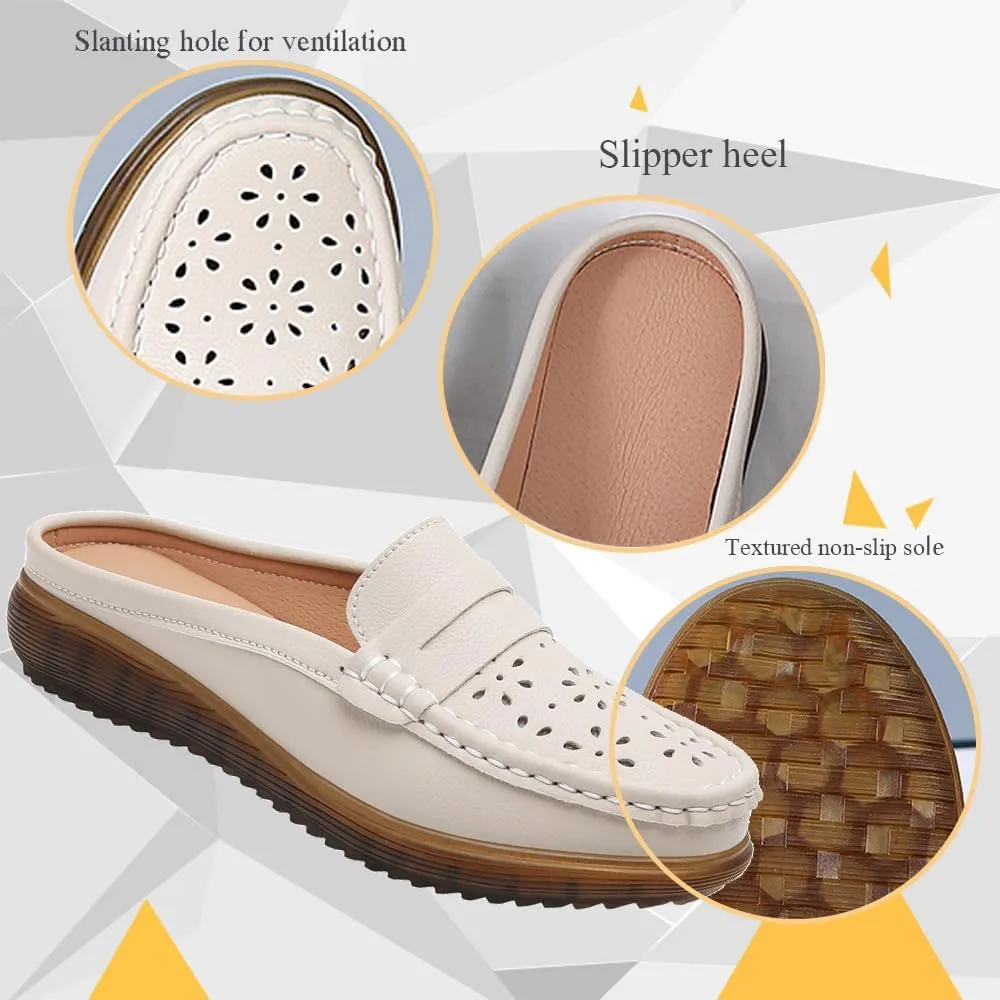 Women's Leather Closed Toe Clogs,Comfort Cutout Arch Support Softsole Slip-On Mules Loafers Slides