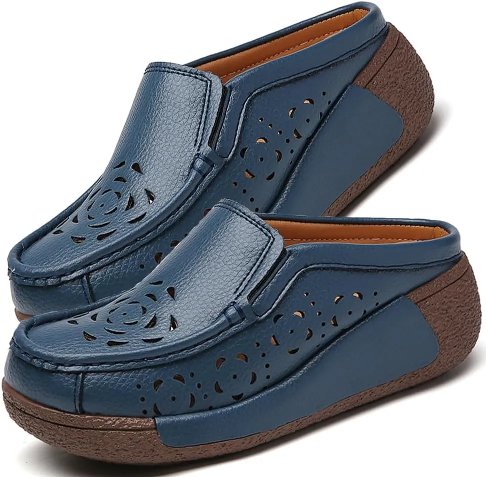 Women's Leather Closed Toe Clogs,Comfort Cutout Arch Support Softsole Slip-On Mules Loafers Slides