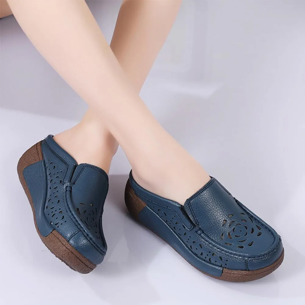 Women's Leather Closed Toe Clogs,Comfort Cutout Arch Support Softsole Slip-On Mules Loafers Slides