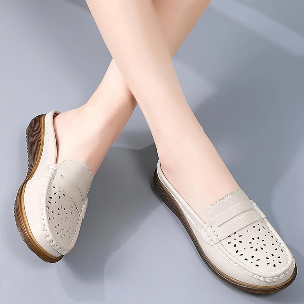 Women's Leather Closed Toe Clogs,Comfort Cutout Arch Support Softsole Slip-On Mules Loafers Slides