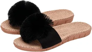 Women's Linen Non-slip Slides Slippers Fluffy Pompom Cozy Sandals Open Toe Indoor Outdoor Flat Slippers 2025
