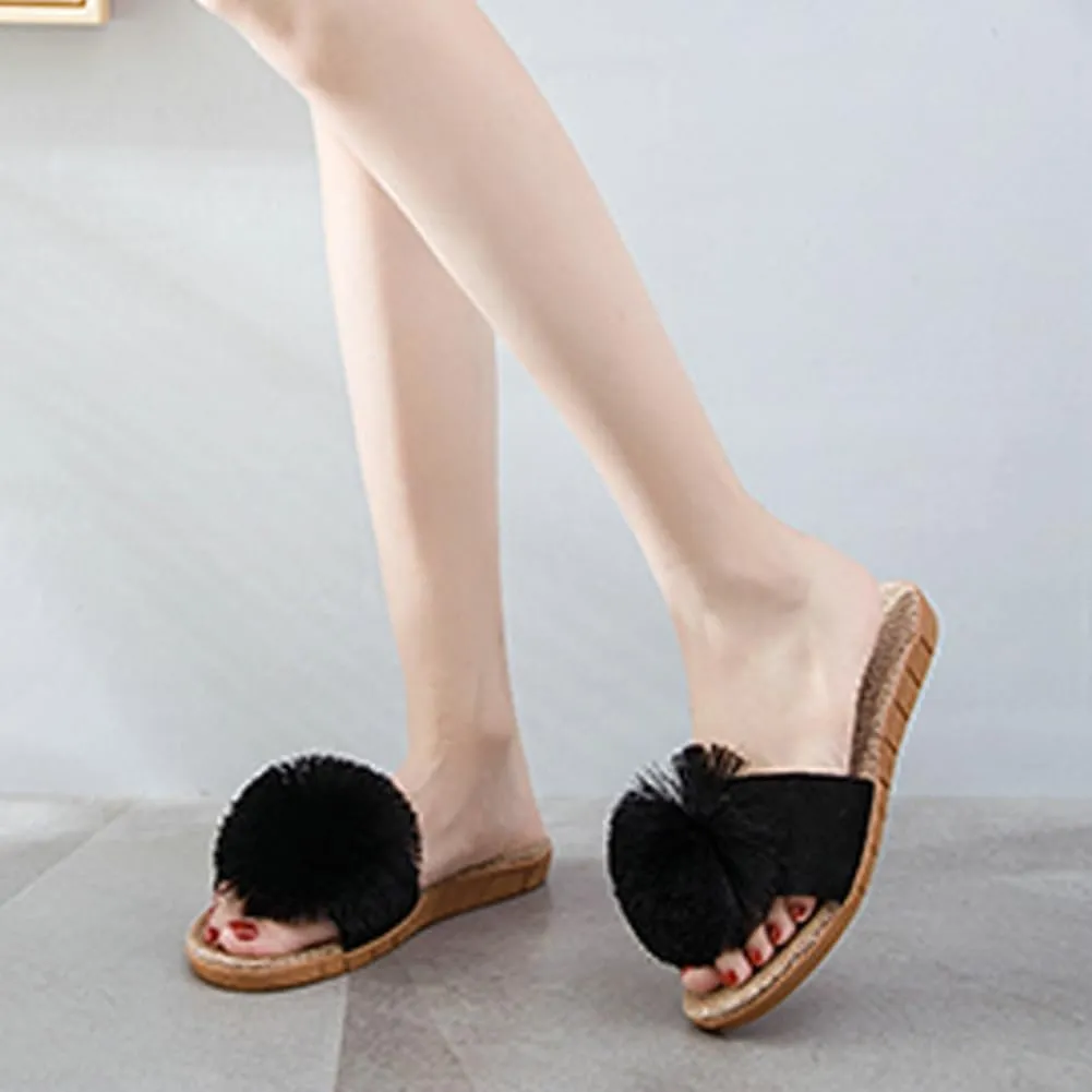 Women's Linen Non-slip Slides Slippers Fluffy Pompom Cozy Sandals Open Toe Indoor Outdoor Flat Slippers 2025