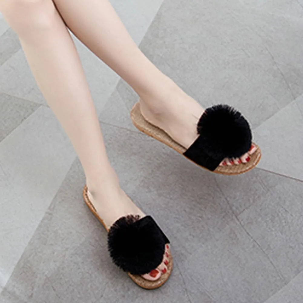 Women's Linen Non-slip Slides Slippers Fluffy Pompom Cozy Sandals Open Toe Indoor Outdoor Flat Slippers 2025