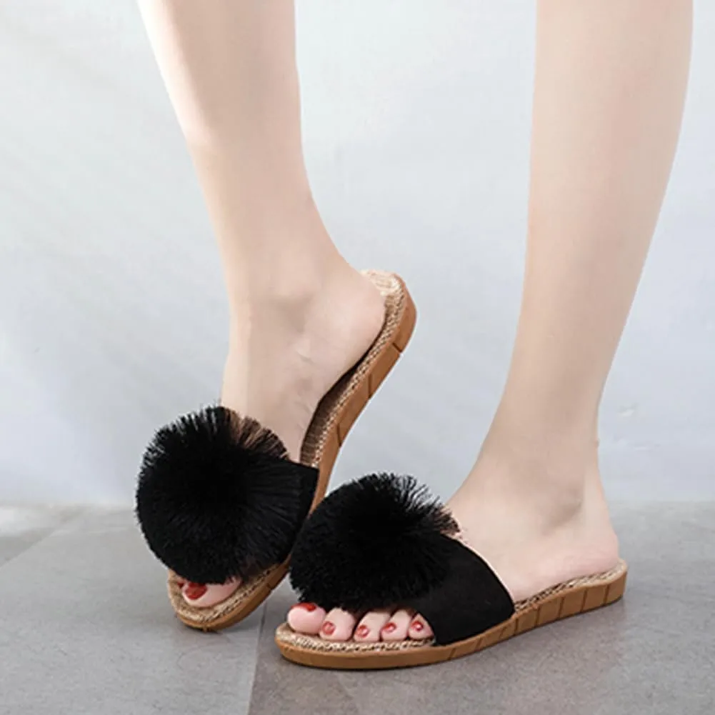 Women's Linen Non-slip Slides Slippers Fluffy Pompom Cozy Sandals Open Toe Indoor Outdoor Flat Slippers 2025