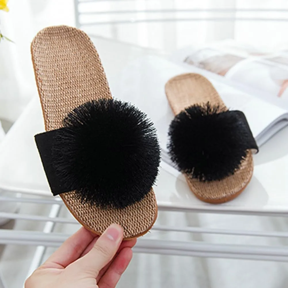 Women's Linen Non-slip Slides Slippers Fluffy Pompom Cozy Sandals Open Toe Indoor Outdoor Flat Slippers 2025