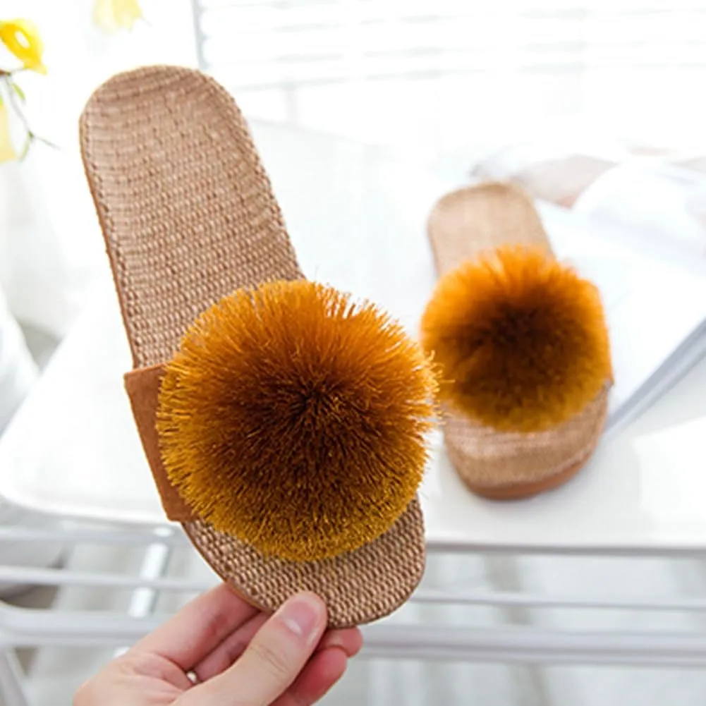 Women's Linen Non-slip Slides Slippers Fluffy Pompom Cozy Sandals Open Toe Indoor Outdoor Flat Slippers 2025