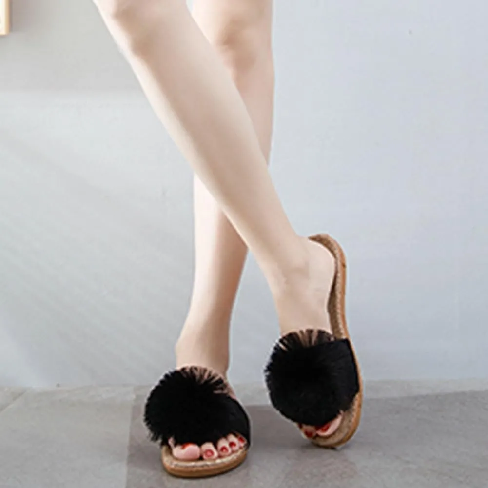 Women's Linen Non-slip Slides Slippers Fluffy Pompom Cozy Sandals Open Toe Indoor Outdoor Flat Slippers 2025