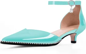 Women's Low Kitten Heel Pointed Toe Pumps Ankle Strap Patent Leather Prom Wedding Dress Shoes