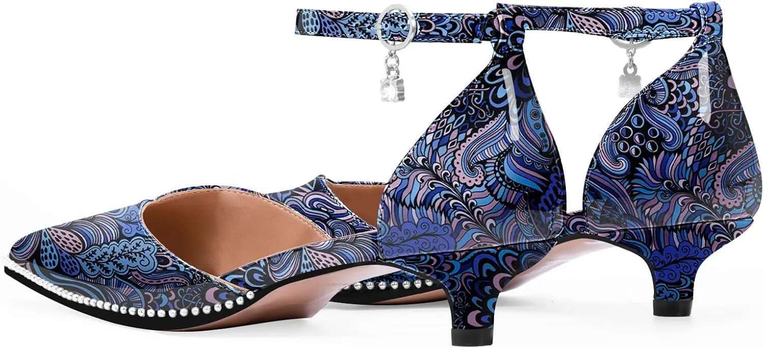 Women's Low Kitten Heel Pointed Toe Pumps Ankle Strap Patent Leather Prom Wedding Dress Shoes