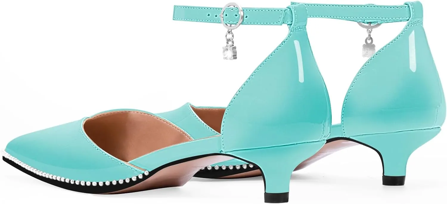 Women's Low Kitten Heel Pointed Toe Pumps Ankle Strap Patent Leather Prom Wedding Dress Shoes