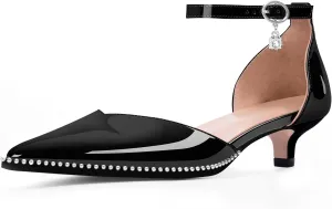 Women's Low Kitten Heel Pointed Toe Pumps Ankle Strap Patent Leather Prom Wedding Dress Shoes